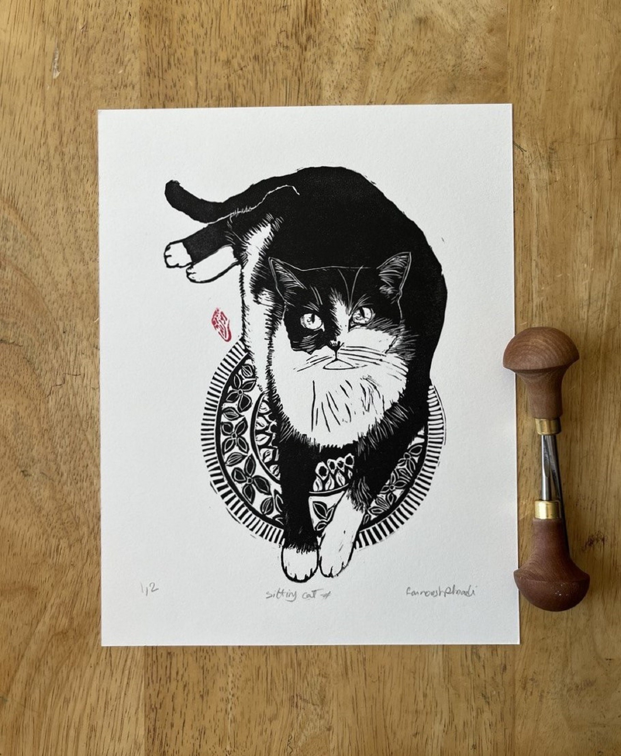 Cat on the Rug| Original Linocut| Tuxedo Cats| Printmaking Cat Art ...