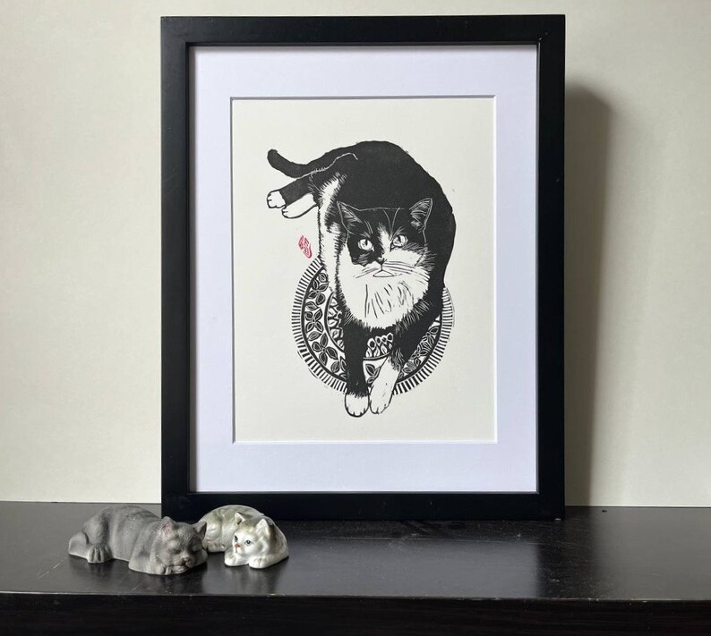 Cat on the Rug| Original Linocut| Tuxedo Cats| Printmaking Cat Art ...