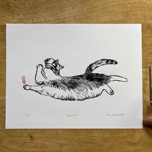 Cat in Motion| Original Linocut| Printmaking Cat art print| 19A |11&quot;x 14&quot;Matted| Unframed Cat art| Wall Cat lovers| Handprinted.