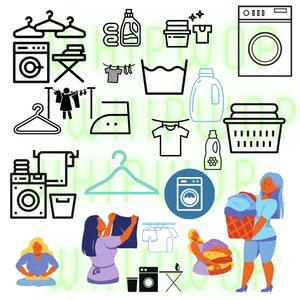 May include: A collection of laundry-themed icons and illustrations, including a washing machine, clothes hangers, laundry basket, detergent bottles, and a person folding laundry.