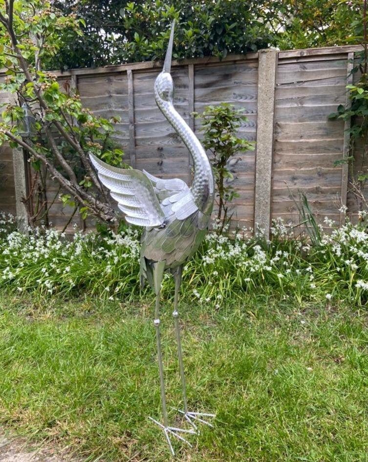 Silver Metal Crane Garden Ornament Silver 94cm Head Up Etsy