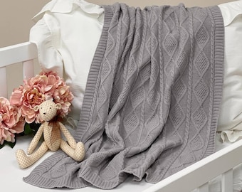 Grey Blanket, Knitted Baby Blanket, Stroller Blanket, Soft Knit