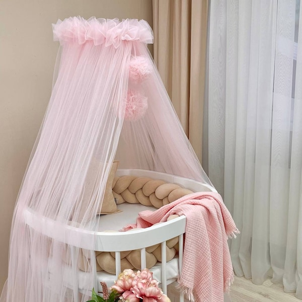 Baby baldachin, Nook baldachin, Nursery bed canopy, Canopy for girl boy, Bed baldachin, Crib canopy, Pink canopy with pompoms, Baby gift