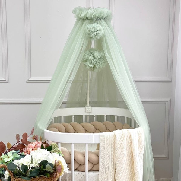 Baby baldachin, Nook baldachin, Nursery bed canopy, Canopy for girl boy, Bed baldachin, Crib canopy, Olive canopy with pompoms, Baby gift