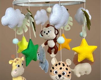 Handmade Jungle Animal Mobile: Felt Lion, Elephant, Giraffe Crib Decor