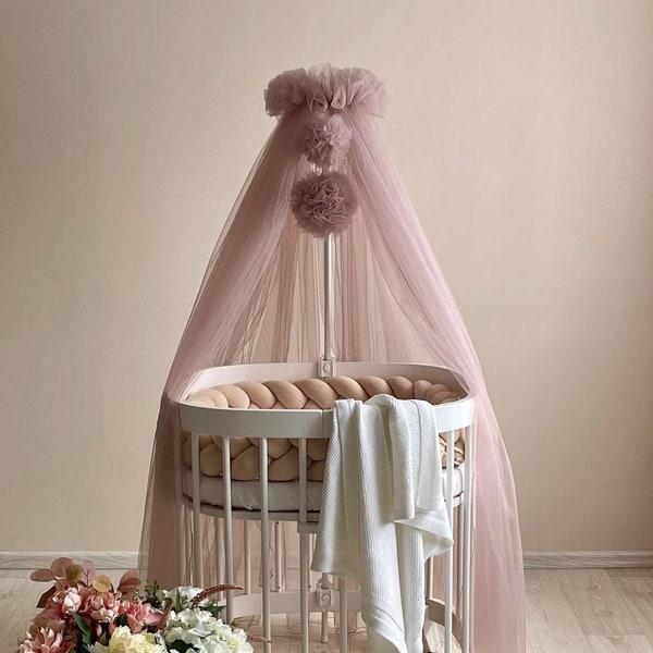 Baby baldachin, Nook baldachin, Nursery bed canopy, Canopy for girl boy, Bed baldachin, Crib canopy, Pink canopy with pompoms, Baby gift