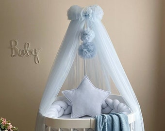 Baby baldachin, Nook baldachin, Nursery bed canopy, Canopy for girl boy, Bed baldachin, Crib canopy, Blue canopy with pompoms, Baby gift