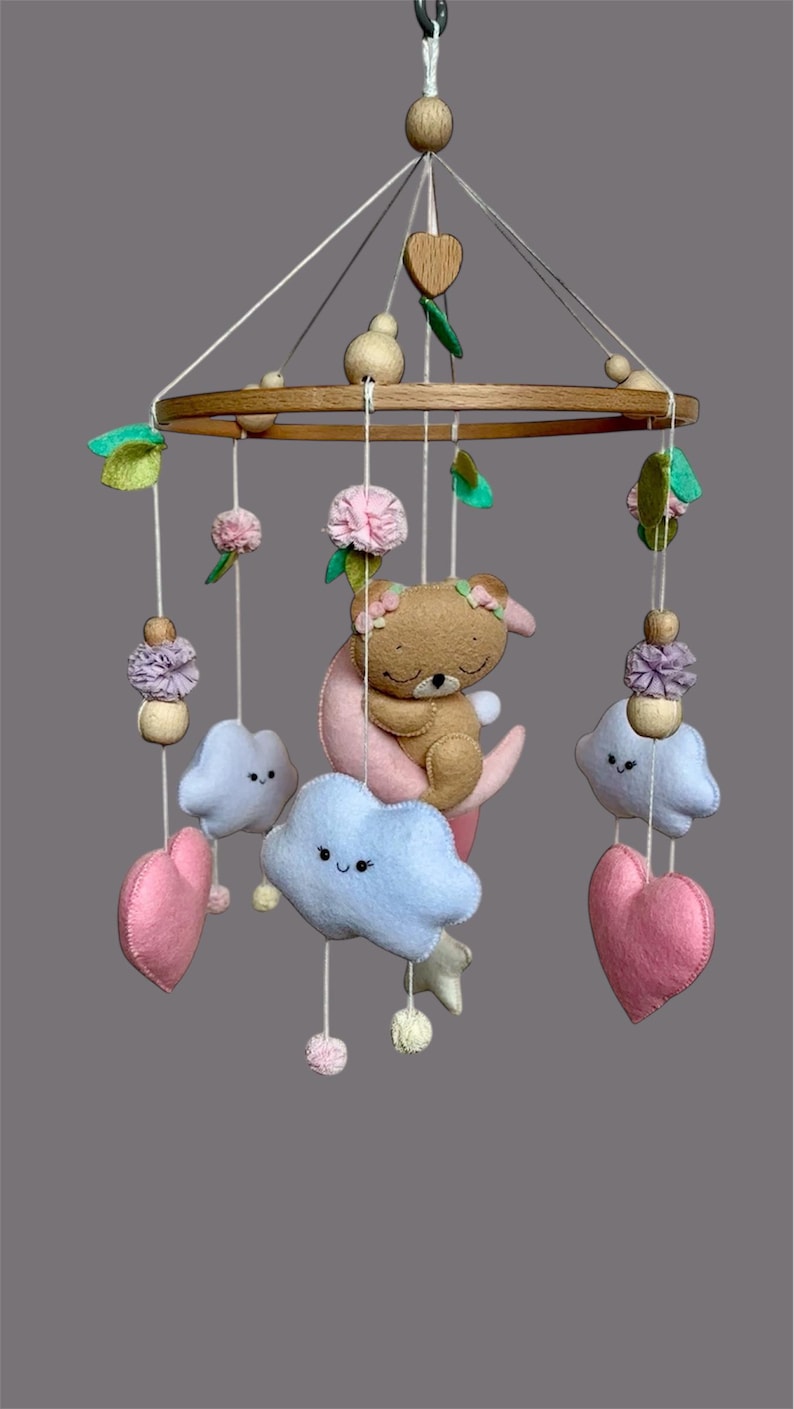 Felt Bear Baby Mobile: Pink Moon, Clouds & Hearts - Nursery Decor - Etsy