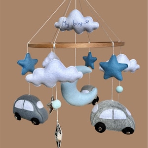 Felt Car Baby Mobile: Handmade Blue Nursery Transport Decor with Music Box & Crib Hanger, Gray Blue boy Mobile