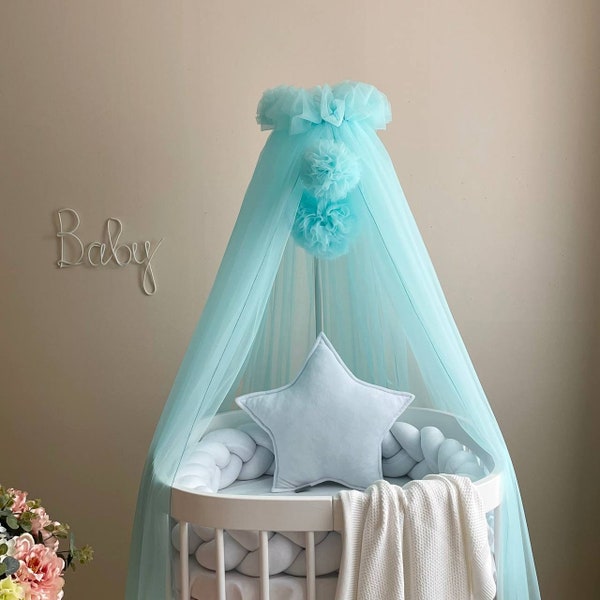 Baby baldachin, Nook baldachin, Nursery bed canopy, Canopy for girl boy, Bed baldachin, Blue canopy, Mint canopy with pompoms, Baby gift