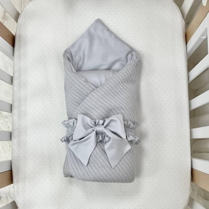 Newborn Baby Blanket Envelope with Bow, Reversible Zipper Swaddle, Removable Inner Quilt, Baby Wrap for Hospital Discharge Stroller & Crib