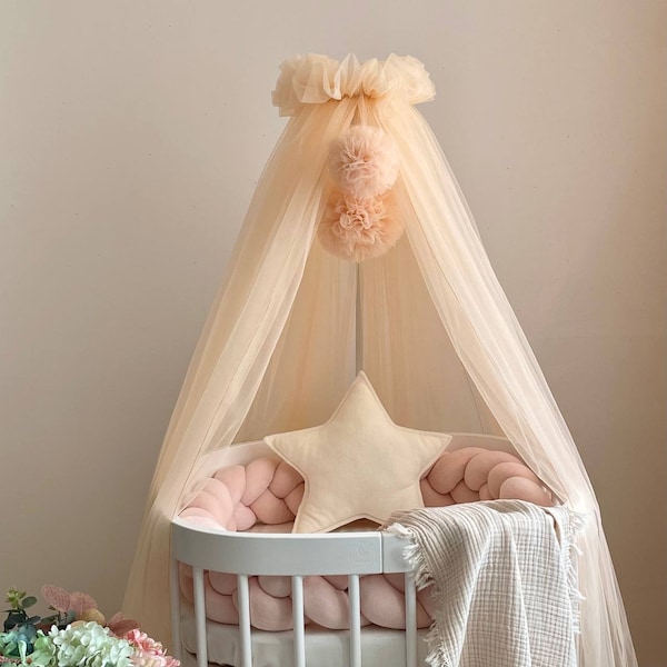 Baby baldachin, Nook baldachin, Nursery bed canopy, Canopy for girl boy, Bed baldachin, Peach canopy, Peach canopy with pompoms, Baby gift