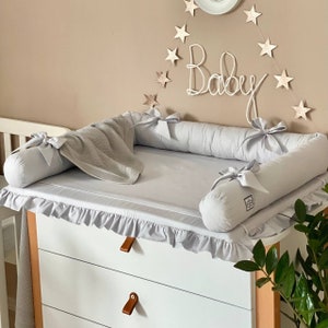 Cambiador de algodón gris: cubrecolchón con funda extraíble para habitación de bebé. Decoración para habitación de bebé.