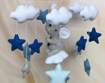 Felt Elephant Baby Mobile: Blue Star Crib Mobile with Music Box