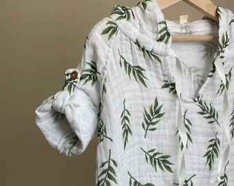 Muslin fern branches shirt, Muslin poncho bathrobe, Beach poncho, Hoody changing towel, Shirt muslin for kids, 100% Muslin quick dry, 3 size