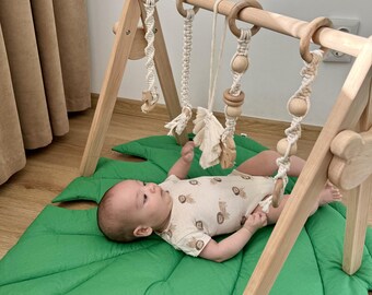 Gimnasio de juegos de madera para bebés: juguetes sensoriales, tapete de hojas de monstera, regalo de macramé