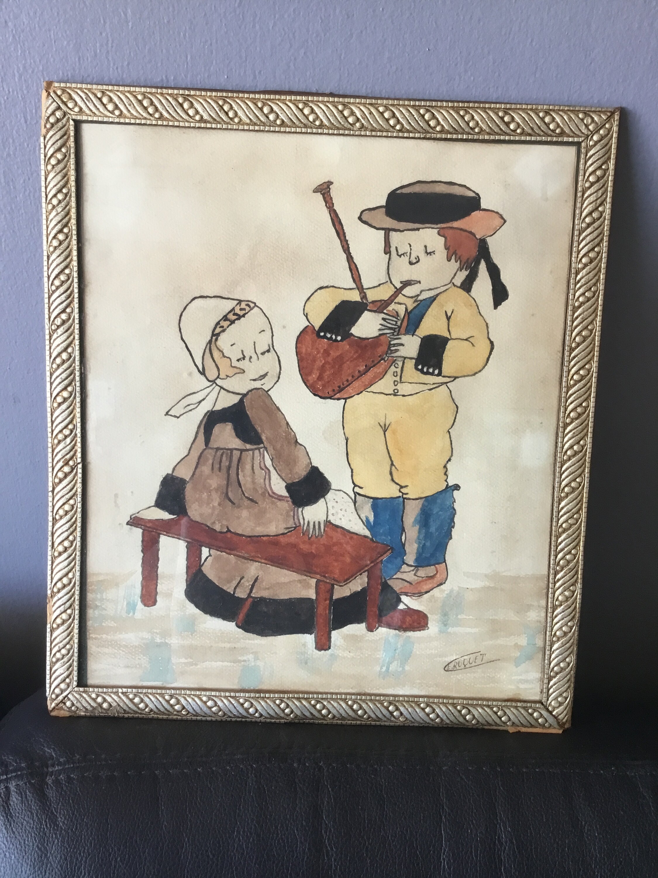 Tableau Gouache La Cornemuse en Bretagne