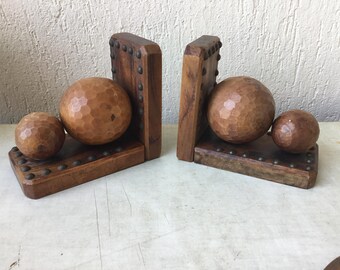 Wooden bookends, nails, 2 balls