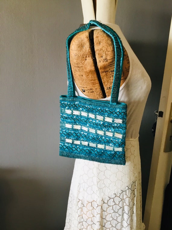Petit Sac Bandoulière Brodé Perles Et Paillettes Turquoise - Occasion