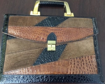 Small briefcase or satchel in crocodile and suede