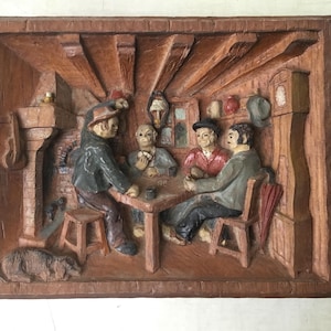 Ancien tableau bois sculpté relief joueurs de carte