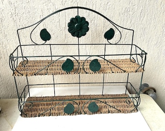 Scaffale in rattan intrecciato e metallo con 2 ripiani