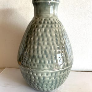 Op de afbeelding: Een grijsgroene keramische vaas met een getextureerd, kuiltjesoppervlak. De vaas heeft een afgeronde body en een smalle hals, geschikt voor het uitstallen van bloemen of als decoratief stuk. De vaas is ongeveer 25 cm hoog.