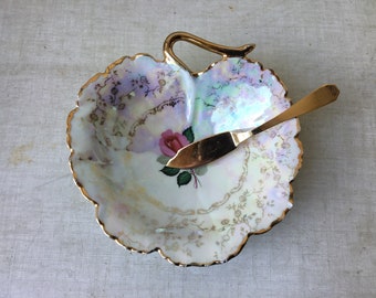 Beurrier feuille irisé en porcelaine F&F Limoges