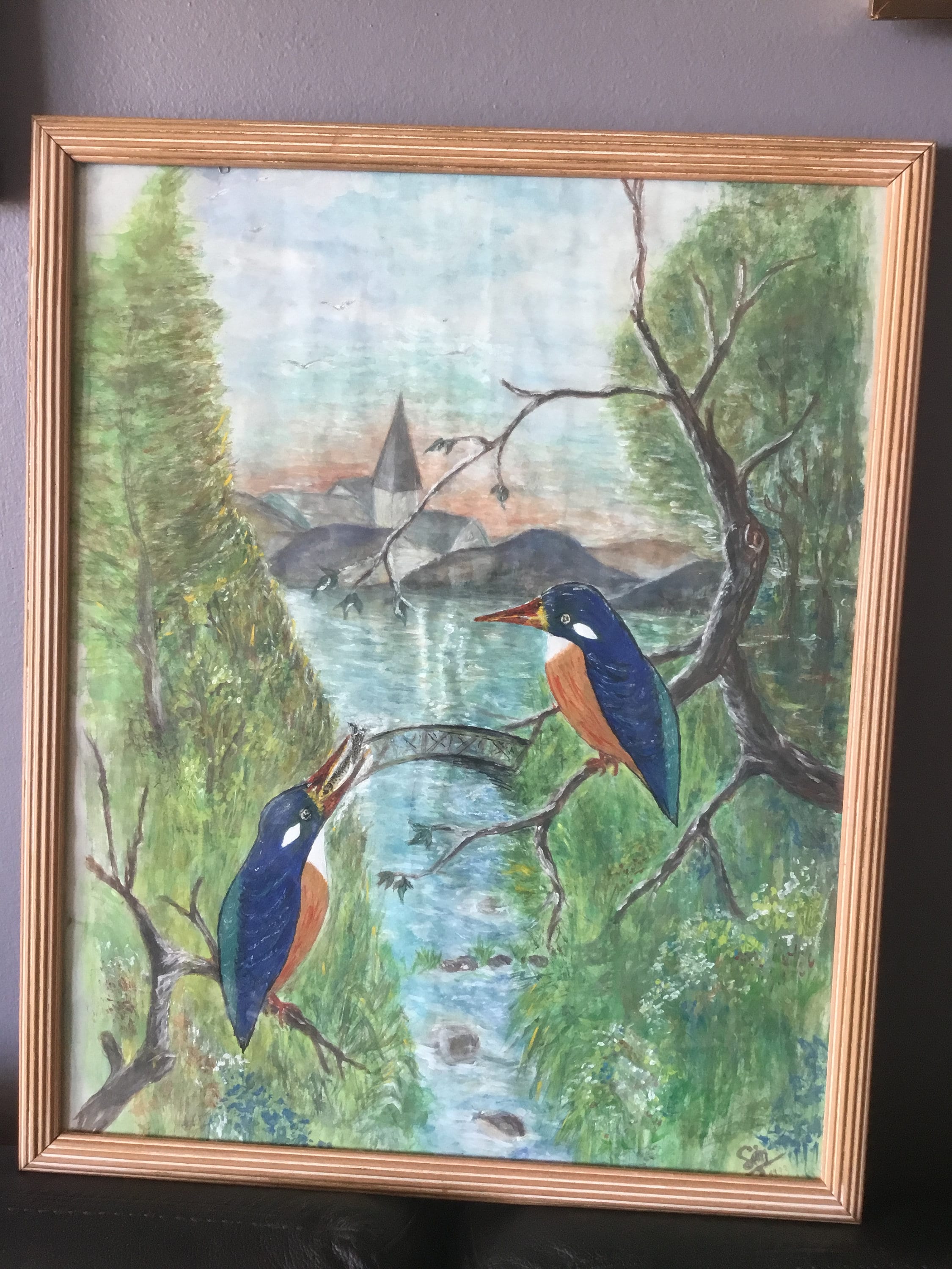 Tableau Gouache Représentant Des Martins-Pêcheurs et Paysage