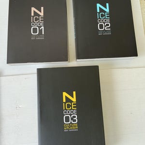 Könnte beinhalten: Drei schwarze Bücher mit dem Text "N ICE CODE" und den Nummern 01, 02 und 03 in verschiedenen Farben. Die Bücher tragen auch den Text "LIFESTYLE SHOPS BEST ADRESSES" und "CULTURE & PLAISIR BEST ADRESSES".