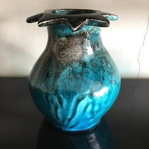 Signed blue ceramic decorative vase or pot