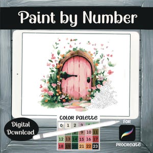 Procreate Whimsical Paint by Number Pink Garden Door, Color by Number, Digital PBN Adult Paint by Number Procreate Palette, Digital Download