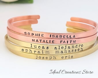 Personalized skinny name Bracelet, custom name cuff, stacking bracelets, kids name bracelet for mom, ideal creations store, new mom jewelry