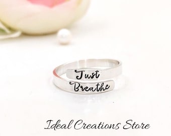 Just breathe wrap ring, inspirational jewelry for her, engraved sterling silver adjustable ring, inspirational jewelry, mindfulness ring