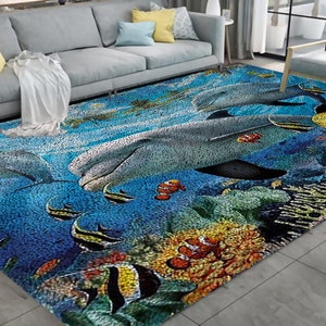 Alfombra 3D de peces marinos, tapete azul para dormitorio de niños, tapete  suave para mesa de centro para sala de estar, alfombra antideslizante para  baño y cocina