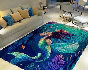 Submarine Mermaid Latch Hook Kits, Large Latch Hook Rug Kit for Adults Latch Hook Kits with Printed Canvas Christmas  Decoration