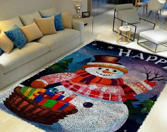 Happy Snowman Latch Hook Kits, Large Latch Hook Rug Kit for Adults Latch Hook Kits with Printed Canvas Christmas  Decoration