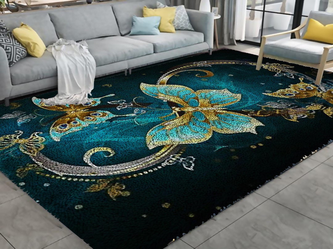 Blue Butterfly Latch Hook Kits, Large Latch Hook Rug Kit for Adults