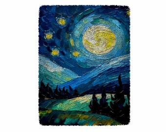 Knüpfteppich-Set mit Mond und Sternenhimmel, großes Knüpfteppich-Set für Erwachsene, Knüpfset mit bedruckter Leinwand, Weihnachtsdekoration