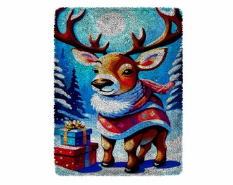 Cartoon Christmas Deer Latch Hook Kits, Large Latch Hook Rug Kit for Adults Latch Hook Kits with Printed Canvas Christmas  Decoration