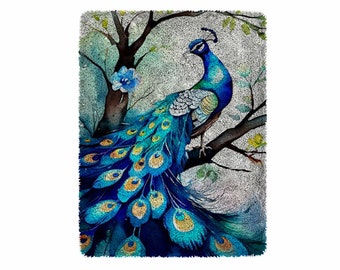 Blue Peacock Latch Hook Kits, Large Latch Hook Rug Kit for Adults Latch Hook Kits with Printed Canvas Christmas Decoration Festival gifts