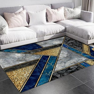Blue and Gold Latch Hook Rug Kits Carpet Making Cushion Needlework for Home Decor, Ink Carpet