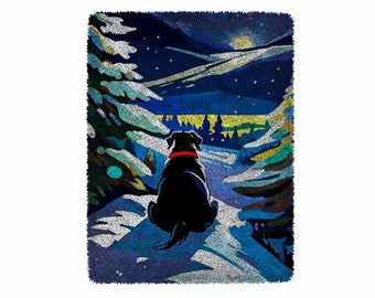 Dog Watches the Moon Knüpfhaken-Kits, großes Knüpfteppich-Kit für Erwachsene mit bedruckter Leinwand-Weihnachtsdekoration