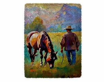 Cowboys und Pferde Knüpfhaken Kits, Große Knüpfhaken Teppich Kit für Erwachsene Knüpfhaken Kits mit bedruckter Leinwand Weihnachtsdekoration