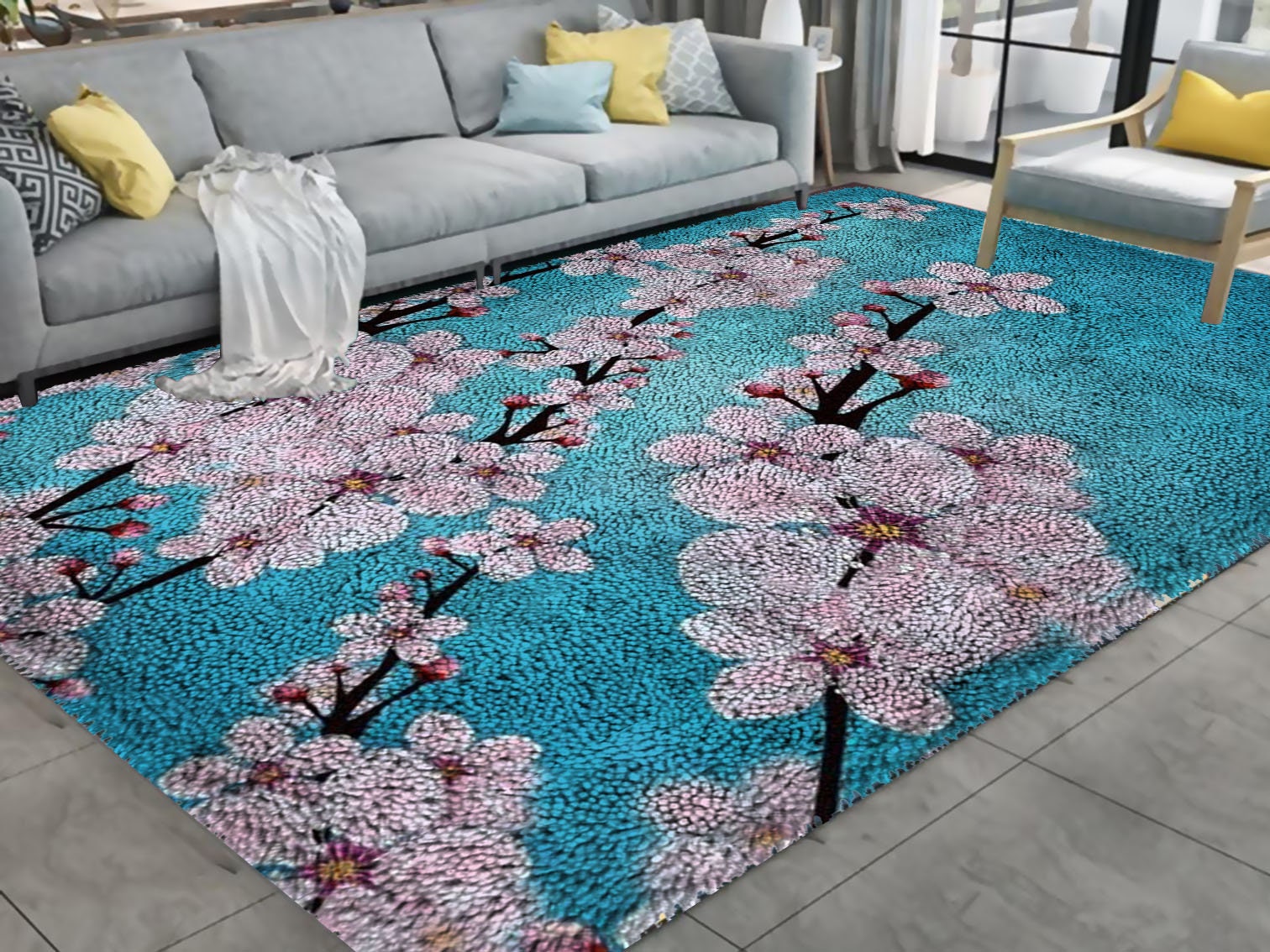 Peach Blossom Pattern Carpet Woven DIY Lock Hook Carpet Handwoven Home  Carpet Gift for Children 