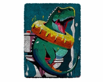 Knüpfteppich-Set mit Cartoon-Grün-Dinosaurier-Motiv, großes Knüpfteppich-Set für Erwachsene, Knüpfset mit bedruckter Leinwand, Weihnachtsdekoration