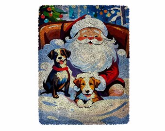 Weihnachtsmann und Hunde Knüpfteppich Kit, Großes Knüpfteppich Kit für Erwachsene Knüpfhaken Kits mit bedruckter Canvas Weihnachtsdekoration