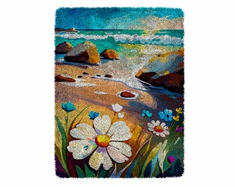 Kits de gancho de pestillo de flores de playa, kit de alfombra de gancho de pestillo grande para adultos Kits de gancho de pestillo con decoración navideña de lona impresa