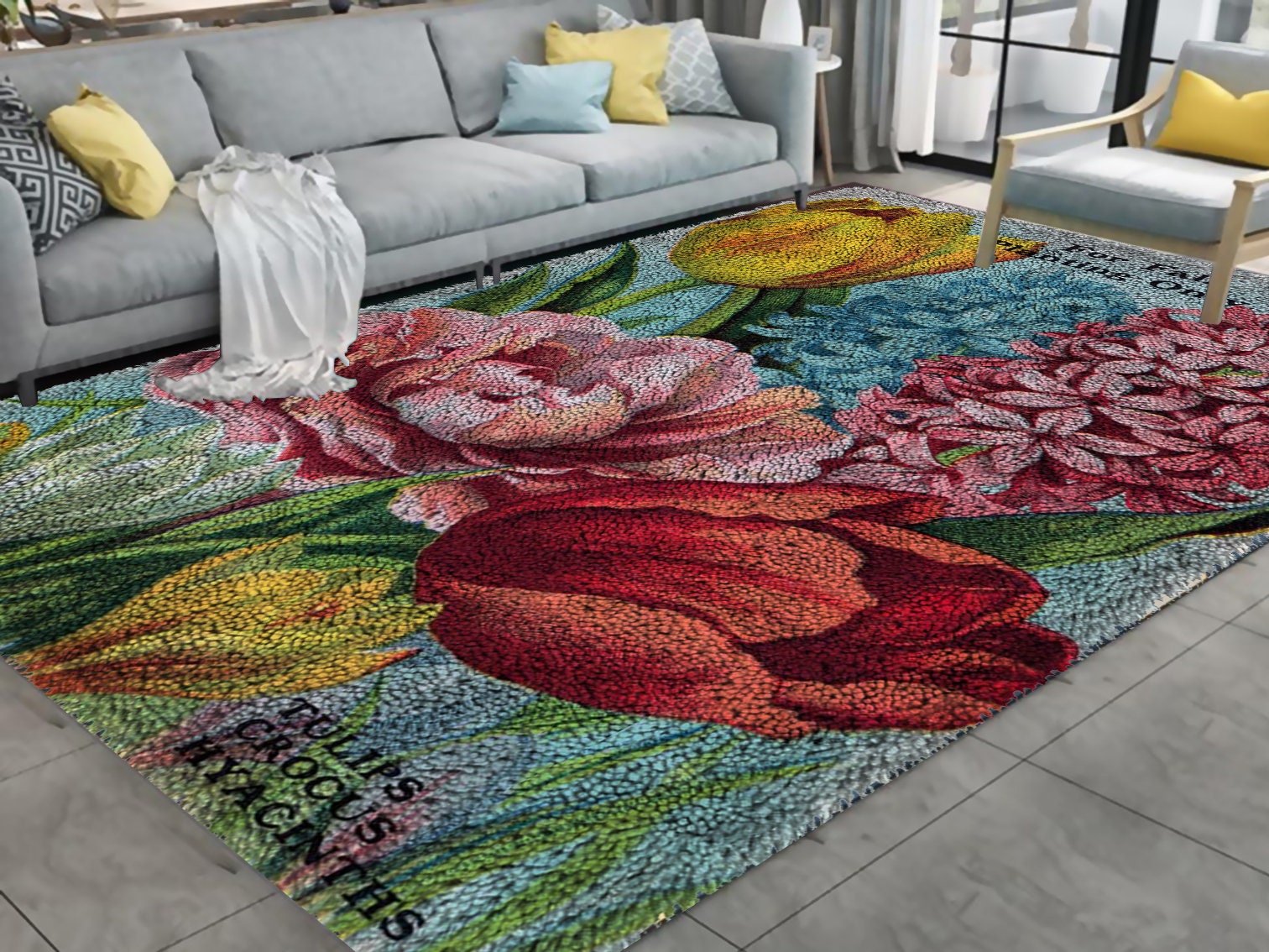 Loquet de fleurs et crochet tapis Kits bricolage travail inachevé crochet  tapis fil coussin tapis fleur broderie tapis décor 14 pouces