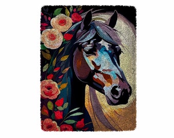 Horse flower Latch Hook Kits, Large Latch Hook Rug Kit for Adults Latch Hook Kits with Printed Canvas Christmas  Decoration